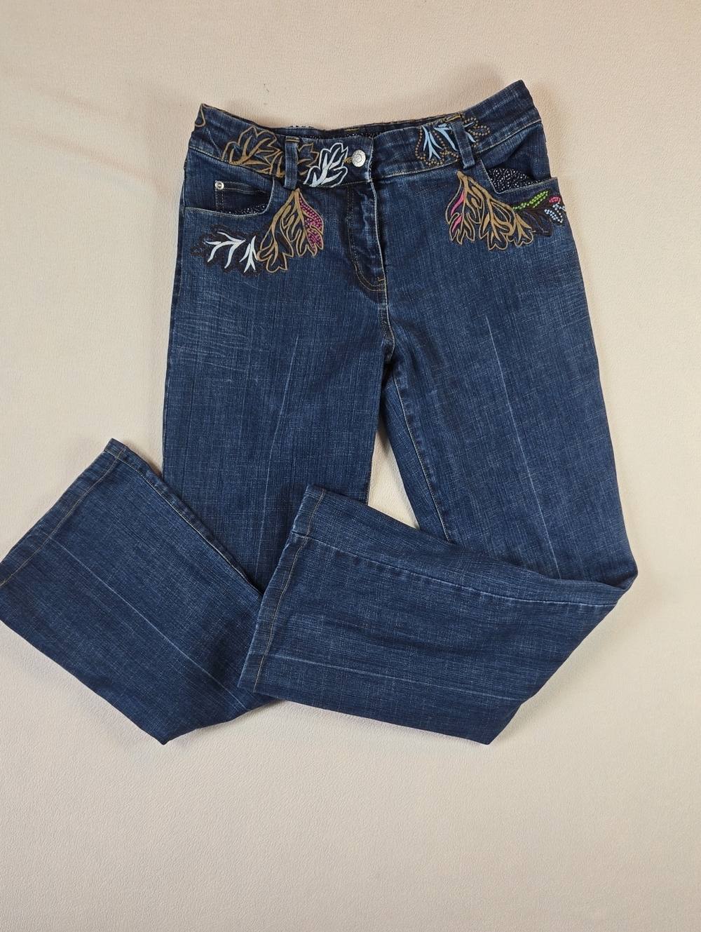 Vintage Oilily Dark Blue Bootcut Jeans with Multicolor Leaf Embroidery
